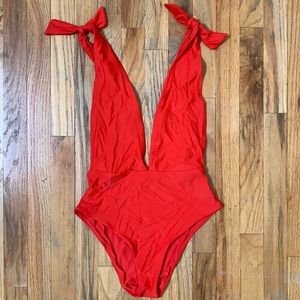 Aerie Red Plunging One Piece Swim Suit